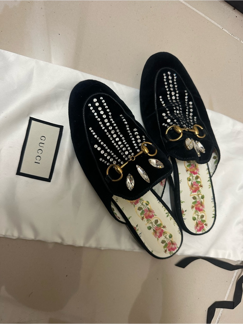 Gucci Black Velvet Crystal-Embellished Horsebit Mules - Picture 3 of 5